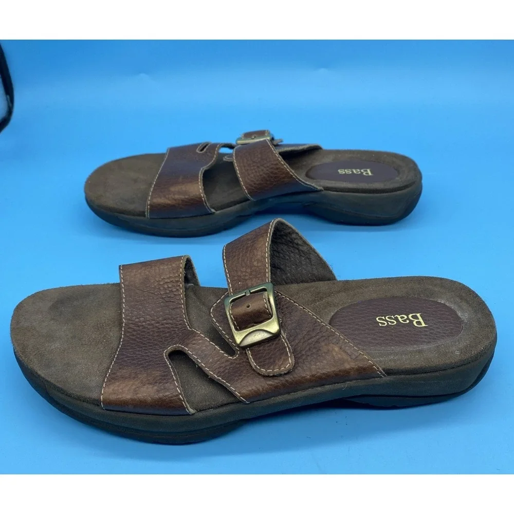 GH Bass Carson Brown Leather Single Buckle Slide Sandals Womens Size 8 M Y2K